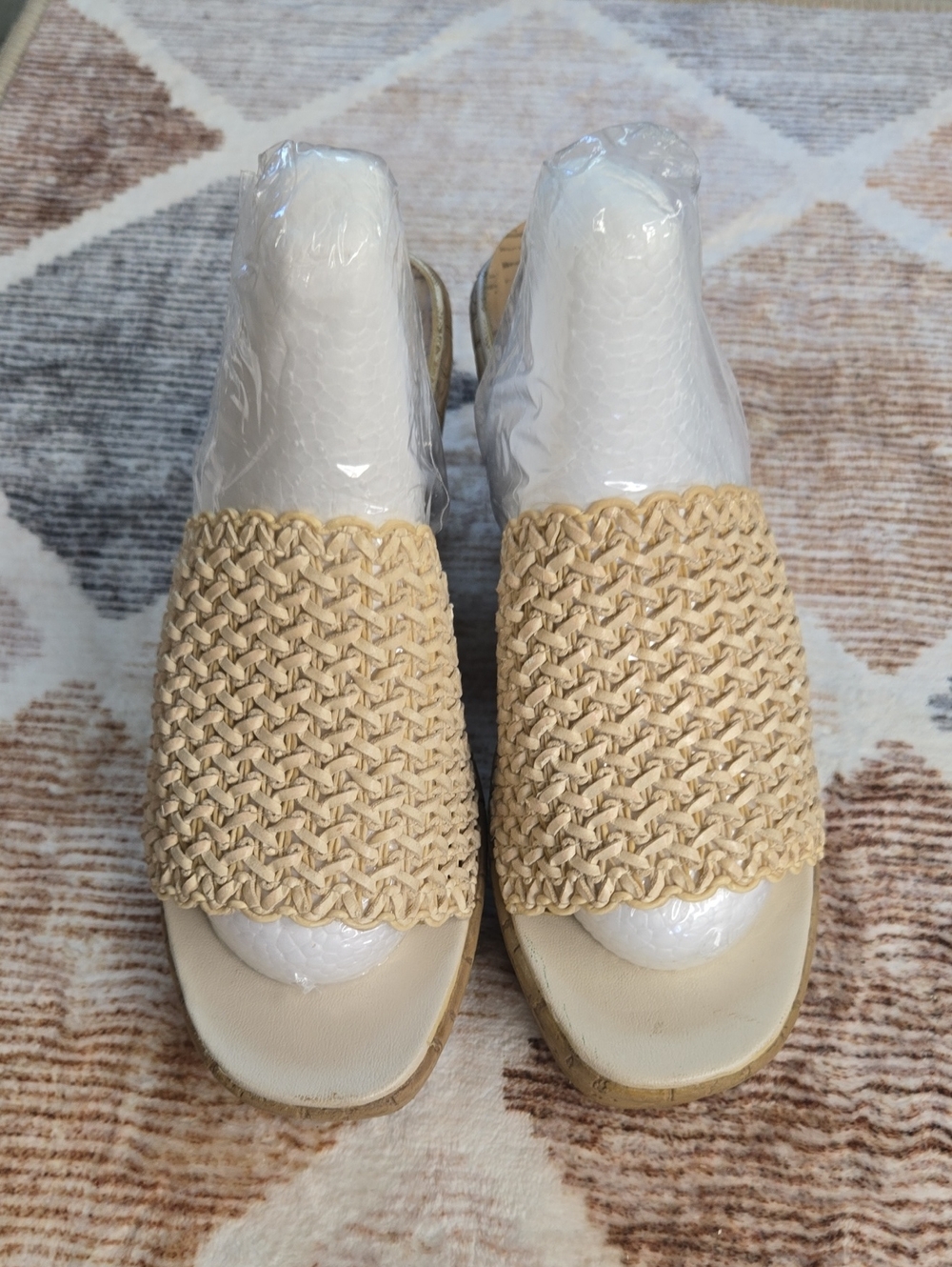 Expressions Beige Woven Wedge Slide Sandals